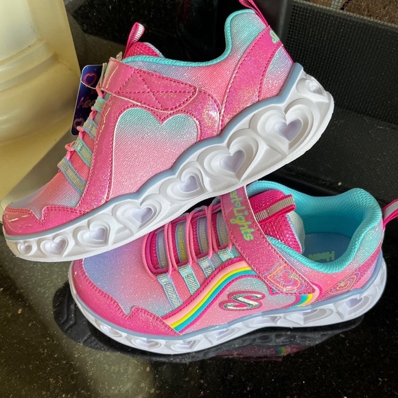 Sketchers Heart Light Up Shoes Pink Glittery Sneakers White Sole - Picture 2 of 16